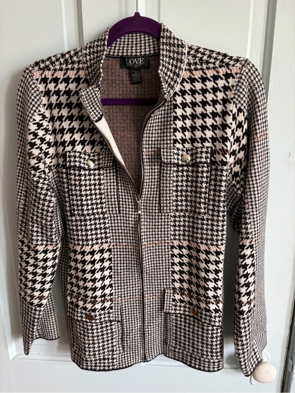 LOVE Beige & Black Houndstooth Zip-Front Jacket